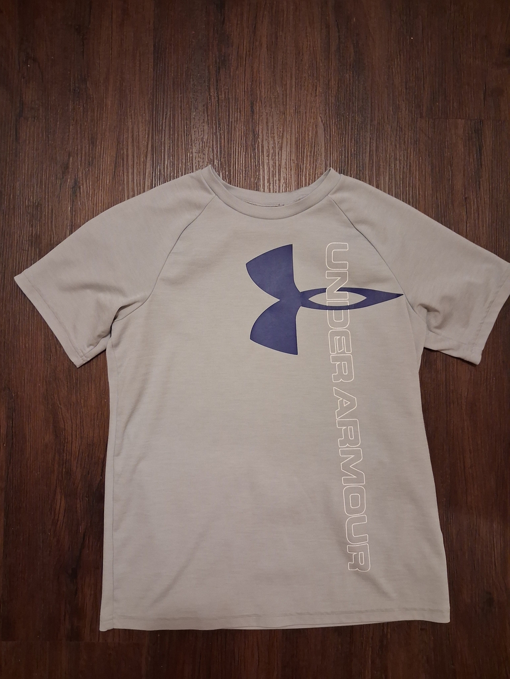 Under Armour Light Gray Tee with Navy Logo and Vertical Branding